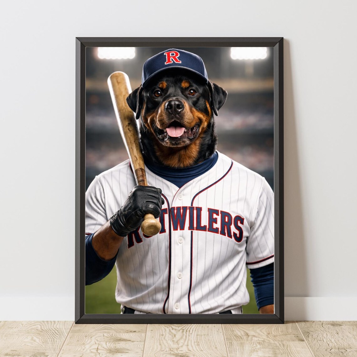 Rottweiler Baseball Player Custom Dog Sports Portrait Poster
