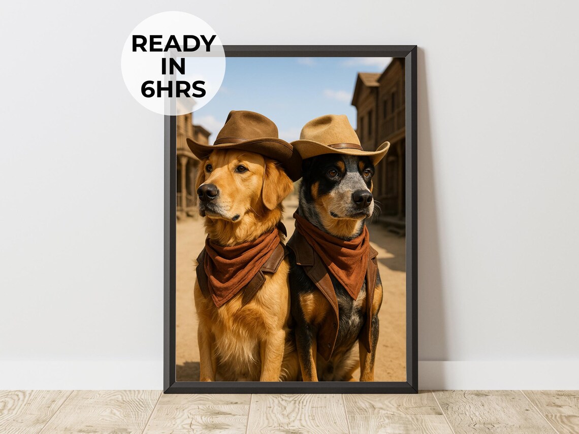 Two Cowboy Dogs Western Hats Bandanas Funny Wild West Pet Portrait Wall Art