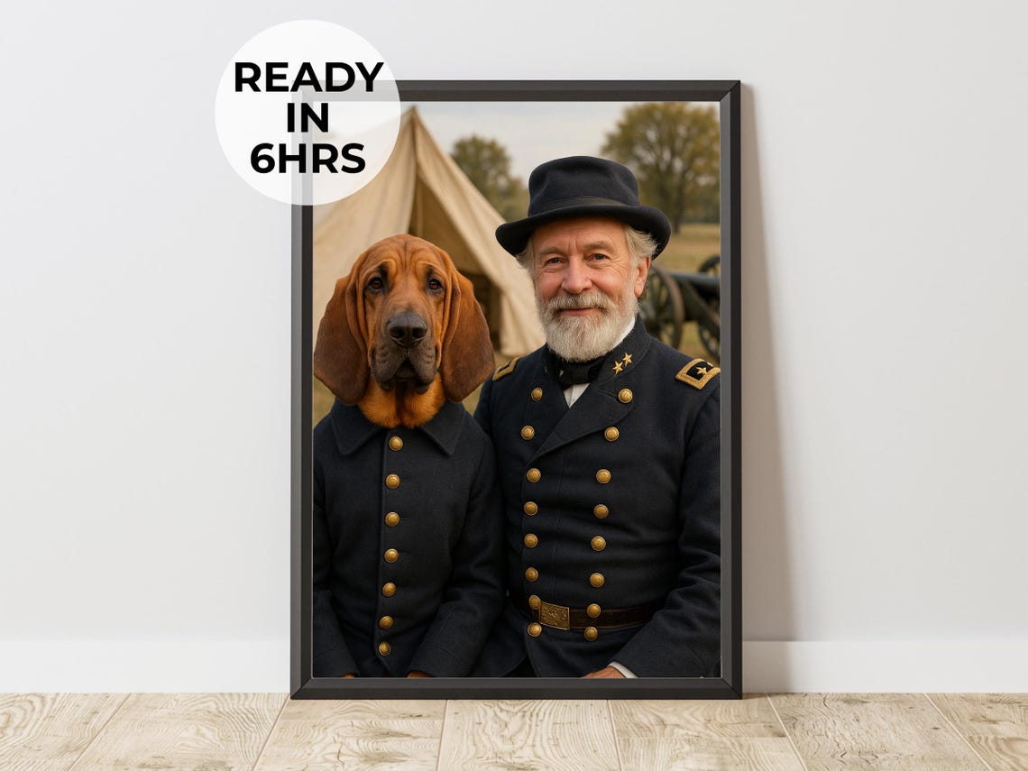 Custom Civil War General Bloodhound Dog Portrait Funny Pet Art Poster