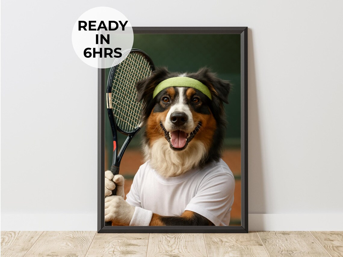 Australian Shepherd Tennis Portrait Poster Dog in Tennis Gear Art Gift