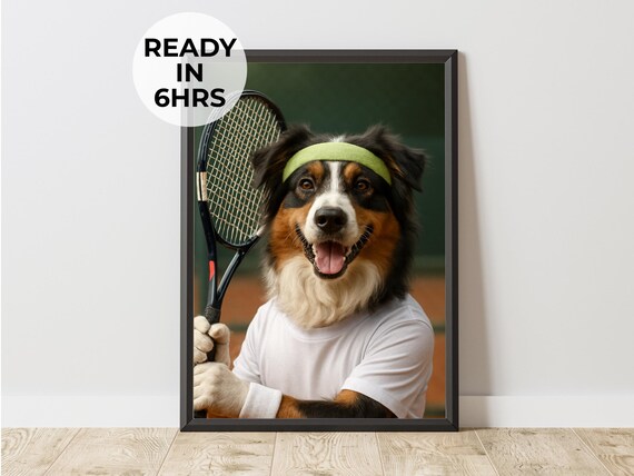Australian Shepherd Tennis Portrait Poster Dog in Tennis Gear Art Gift