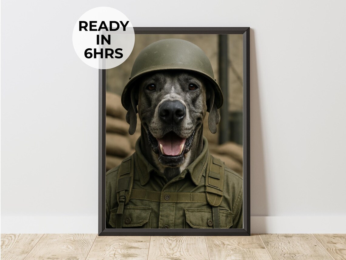 Funny Great Dane Soldier Helmet Portrait Military Dog Art Poster