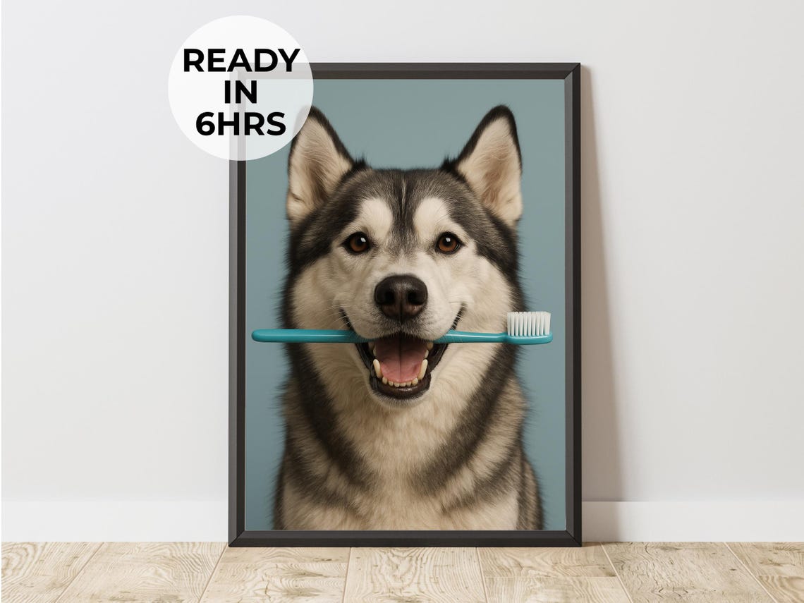 Siberian Husky Holding Toothbrush Funny Bathroom Wall Poster