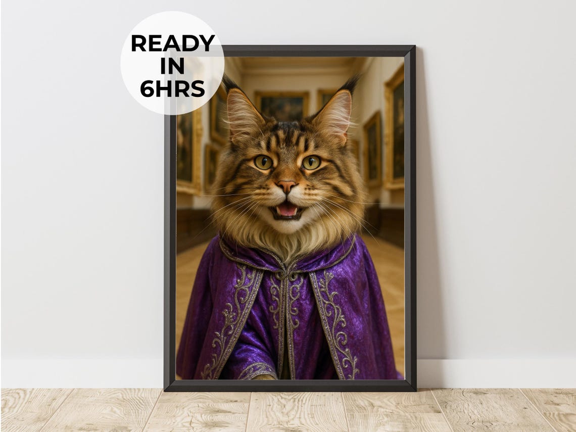 Maine Coon Cat in Purple Royal Cape Funny Cat Portrait Poster