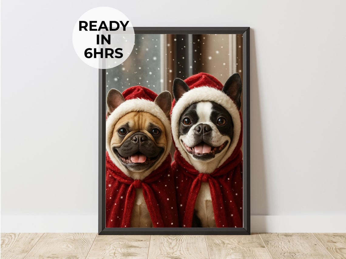 French Bulldog and Boston Terrier in Santa Capes Snow Duo Poster