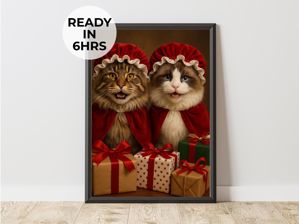 Custom Two Cat Portrait - Holiday Gift Art Print