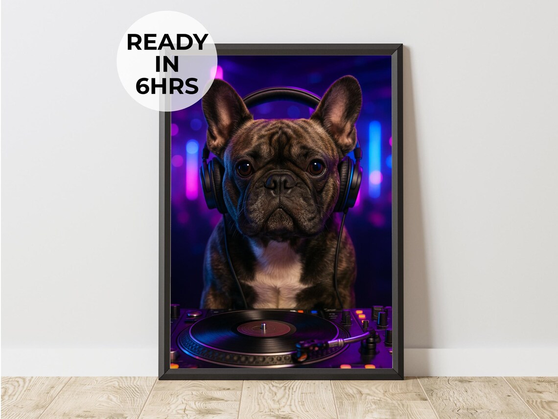 French Bulldog DJ Portrait Headphones Neon Club Turntable Poster