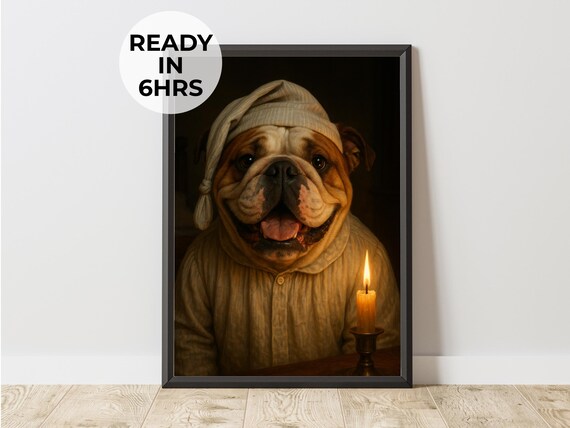 Smiling English Bulldog Nightcap Pajamas Candle Bedtime Poster