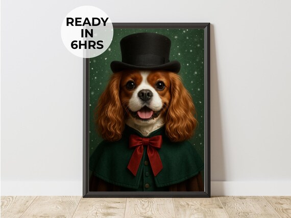 Victorian Gentleman Dog Portrait Poster Cavalier Spaniel Top Hat Gift