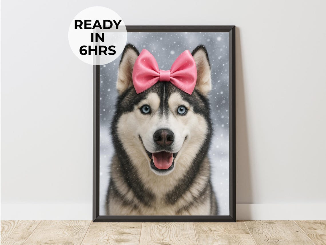 Siberian Husky Pink Bow Headband Poster Winter Snow Blue Eyes Portrait