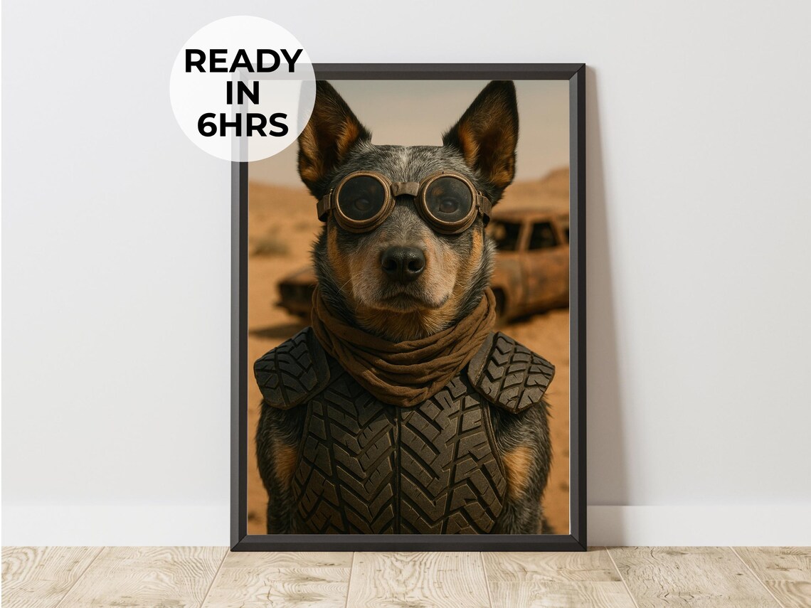 Blue Heeler Wasteland Warrior Goggles Armor Funny Pet Portrait Poster