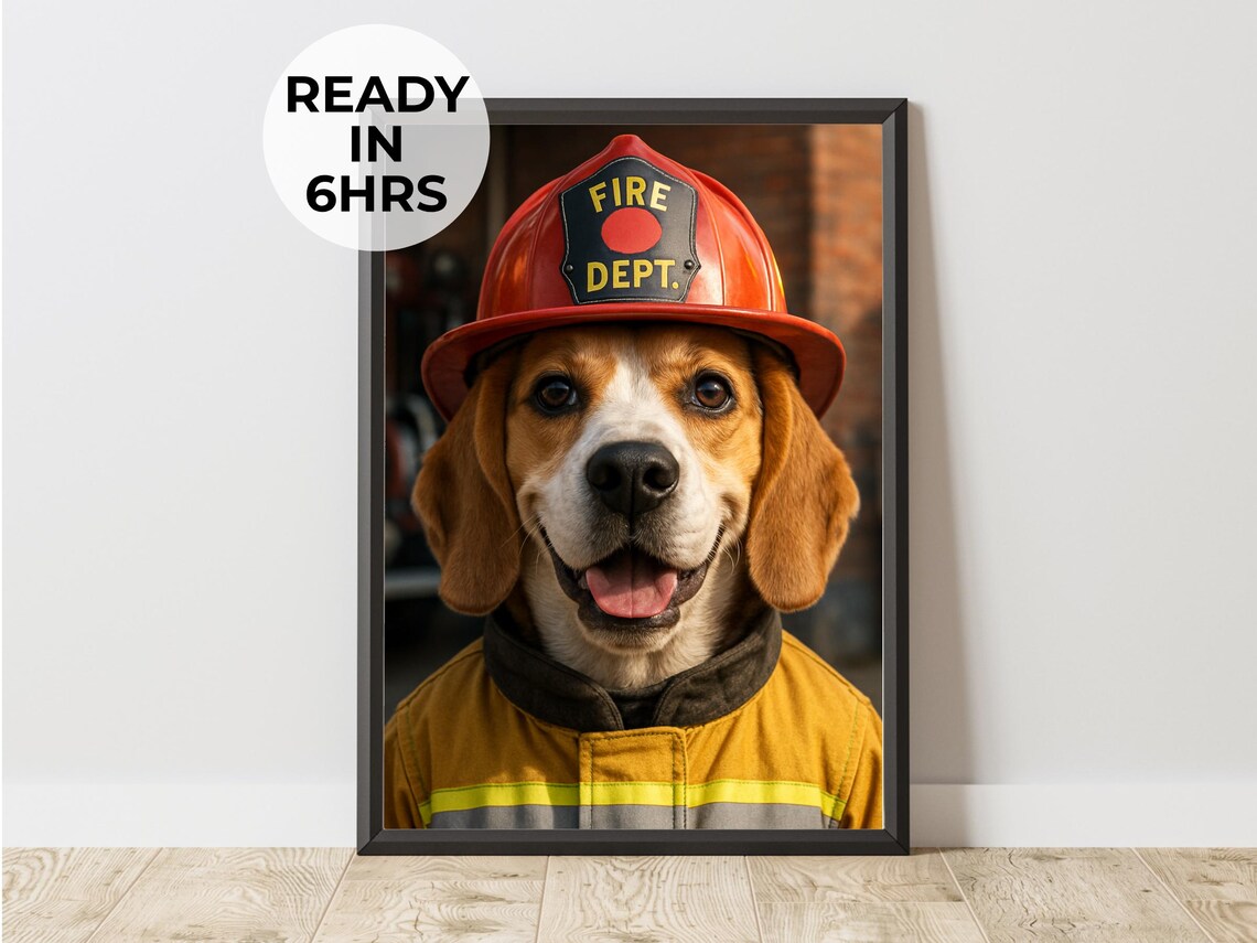 Firefighter Pet Portrait, Appreciation Gift Art Print
