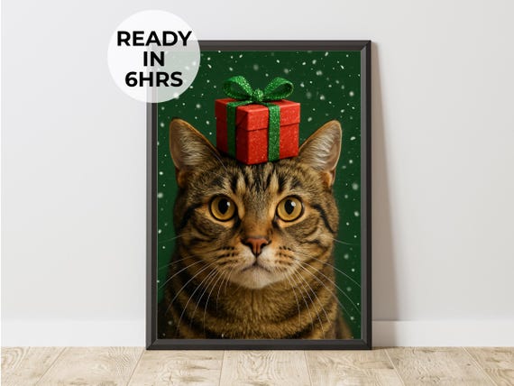 Christmas Pet Portrait Funny Dog Print From Photo Gift For Cat Lovers
