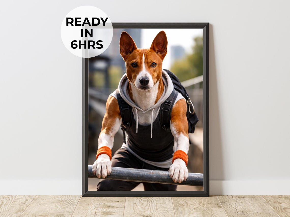 Custom Basenji Parkour Portrait Urban Athlete Funny Pet Poster