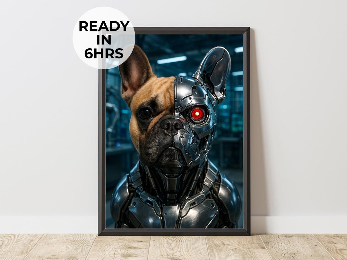 French Bulldog Cyborg Robot Half Face Futuristic Portrait Poster