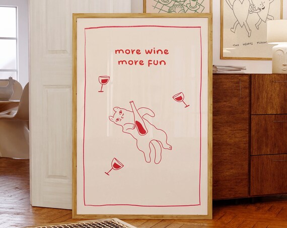 More Wine More Fun Red Doodle Cat Wine Lover Kitchen Art Poster