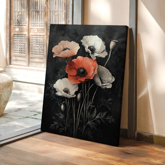 Bold Poppy Floral Wall Art Print Dark Botanical Painting Red And White Flowers Elegant Nature Inspired Decor For Home Or Office