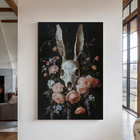Dark Rabbit Skull Floral Arrangement Moody Botanical Gothic Wall Art Poster