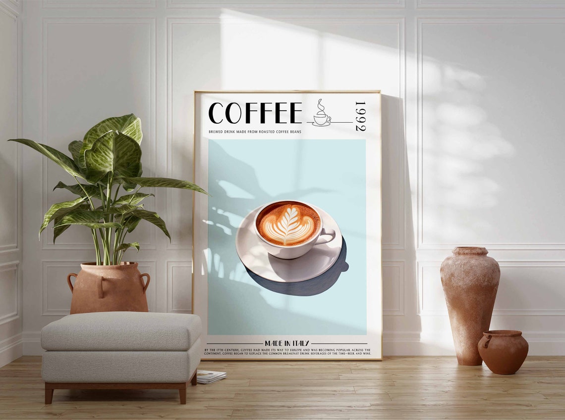 Retro Coffee 1992 Latte Art Leaf Cup Soft Mint Background Poster - Image 3
