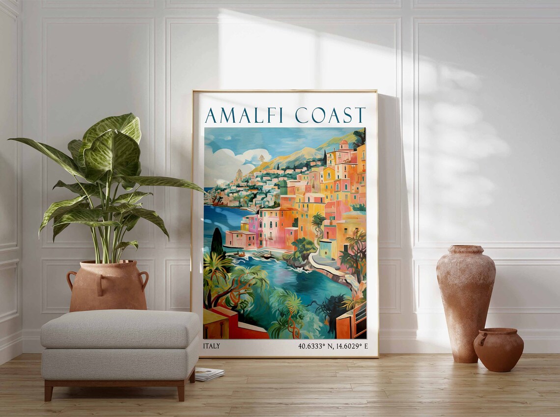 Amalfi Coast Italy Vintage Travel Poster with Pastel Cliffside Village - Image 2