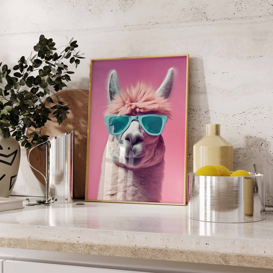 Fluffy Llama Wearing Teal Sunglasses on a Pink Background Poster - Image 2
