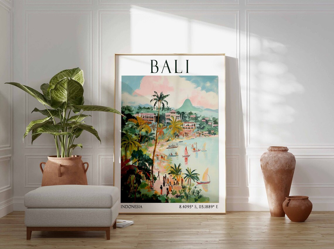 Bali Beach with Palm Trees Sailboats and Green Hills Poster Art - Image 2