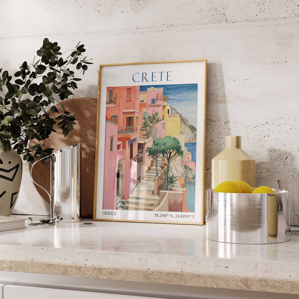 Crete Pink Alley Staircase by the Blue Sea Greece Poster Art - Image 3