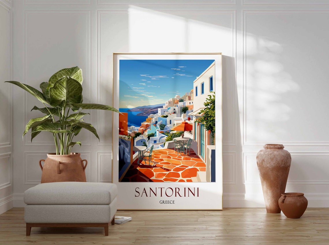 Santorini Cafe Terrace Sea View Warm Red Text Travel Gift Print - Image 2