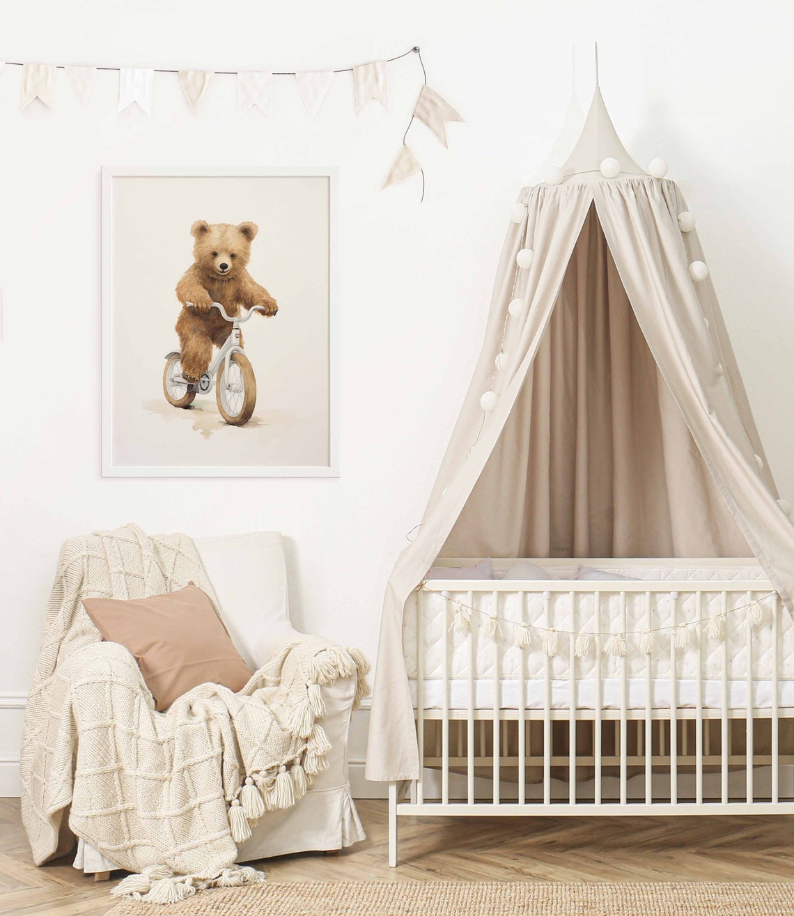 Smiling Watercolor Teddy Bear Riding a Bicycle Nursery Poster - Image 2