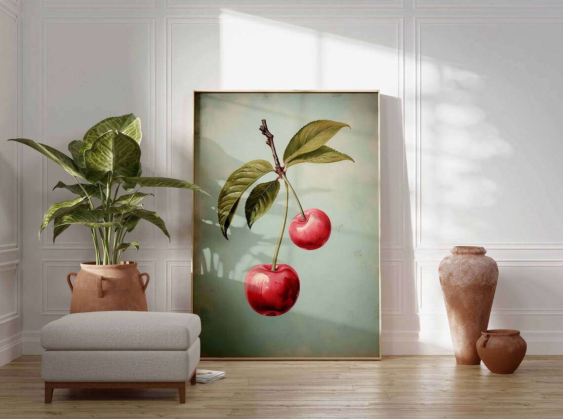Minimalist Vintage Cherries Branch Sage Green Botanical Poster - Image 3