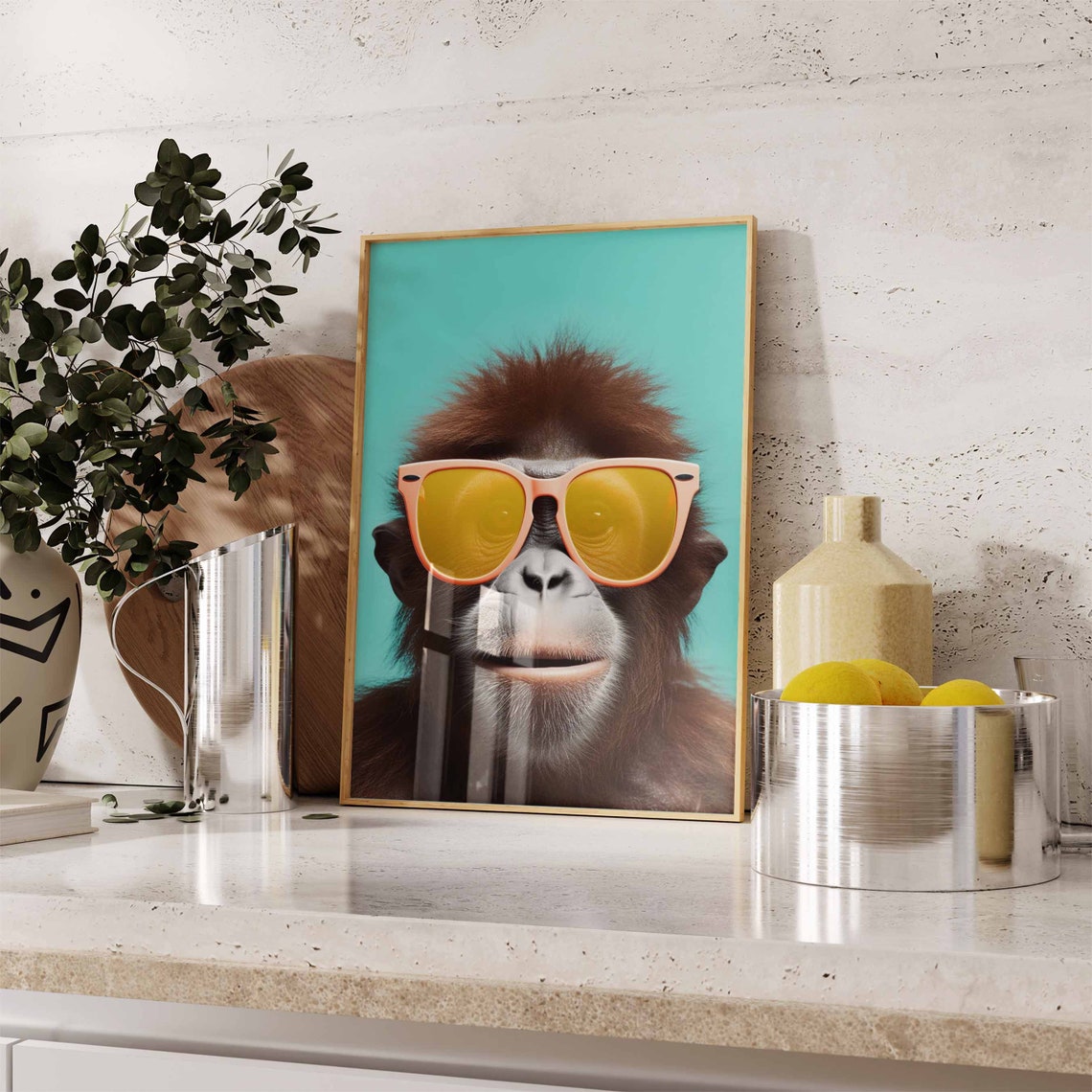 Orangutan Wearing Orange Sunglasses on a Teal Background Poster - Image 2