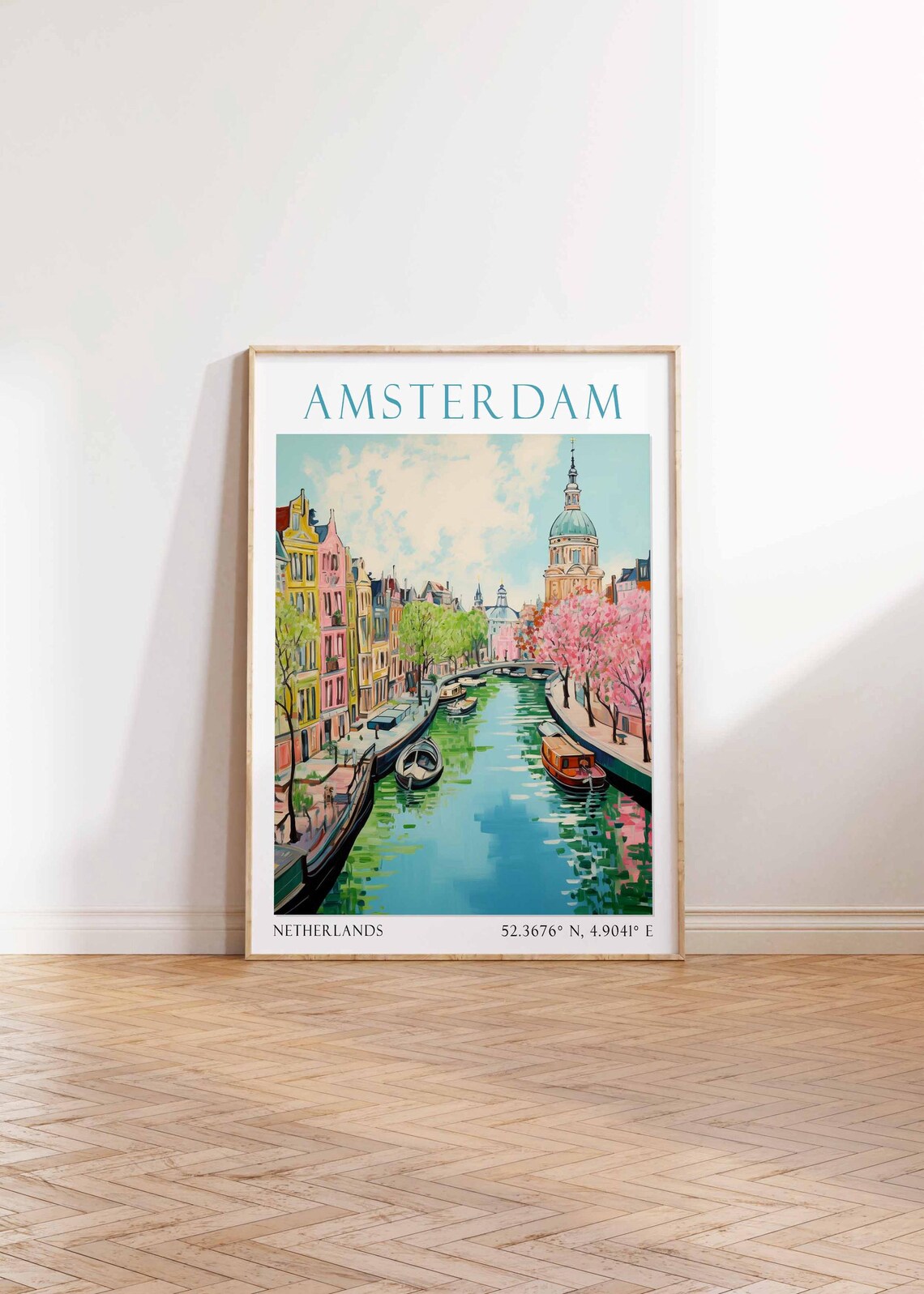 Amsterdam Spring Blossom Canal Scene Vintage Netherlands Travel Poster - Image 4