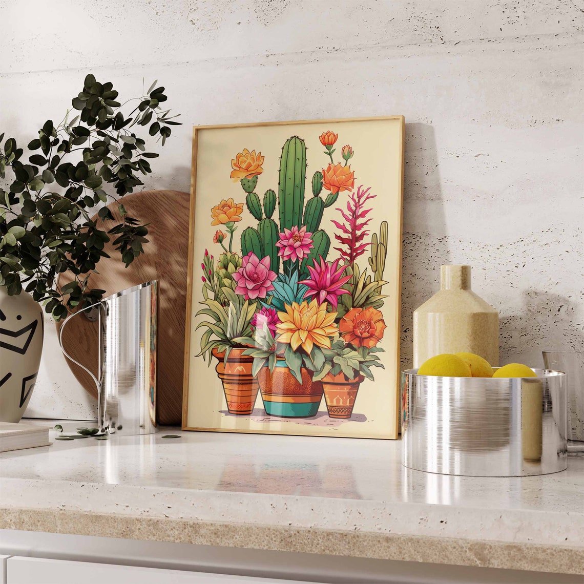 Potted Cactus Trio Terracotta Pots Blooming Desert Botanical Print - Image 2