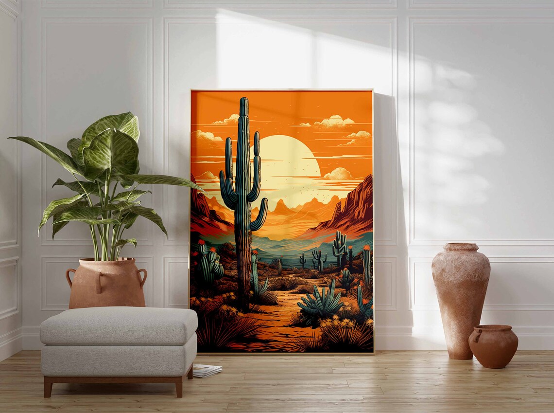 Retro Desert Sunset Poster with Saguaro Cactus and Red Canyon - Image 3