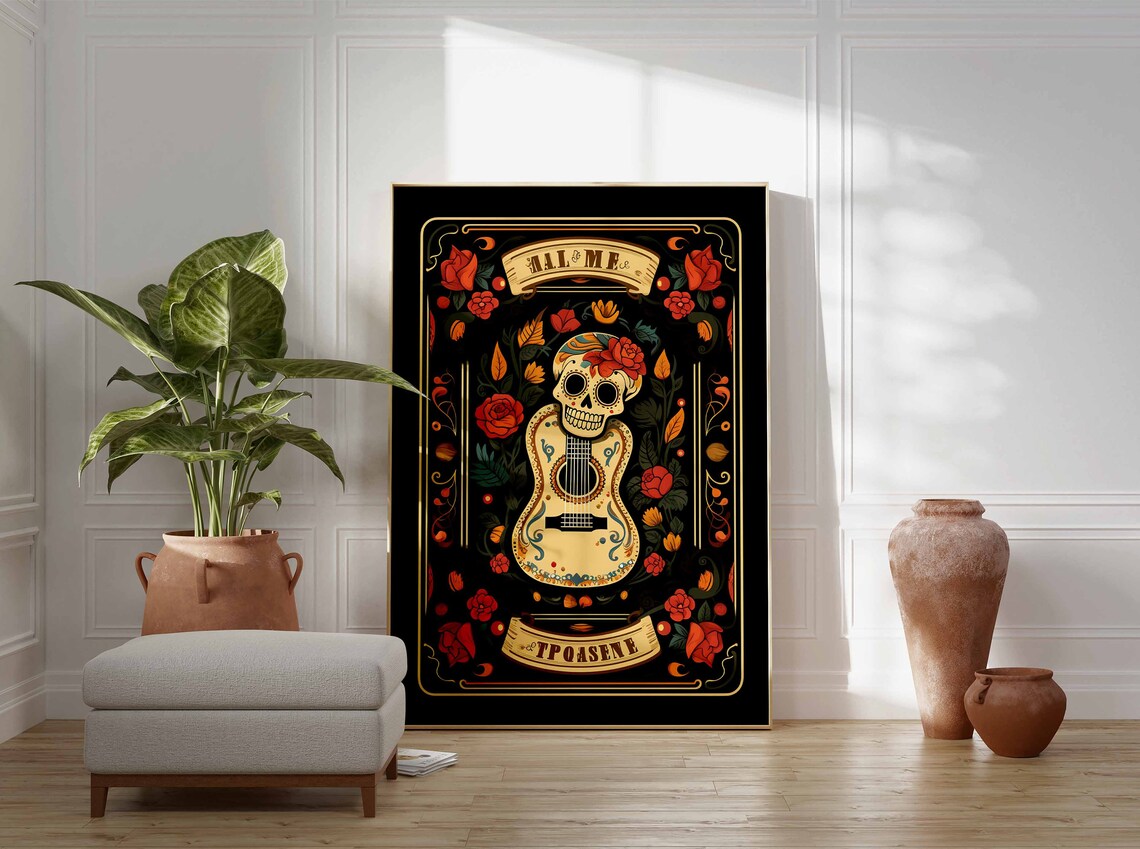 Festive Day of the Dead Sugar Skull Guitar Roses Mariachi Poster - Image 3