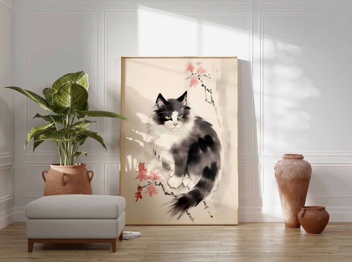 Japanese Ink Wash Longhair Cat Pink Blossom Branch Art Poster - Image 3