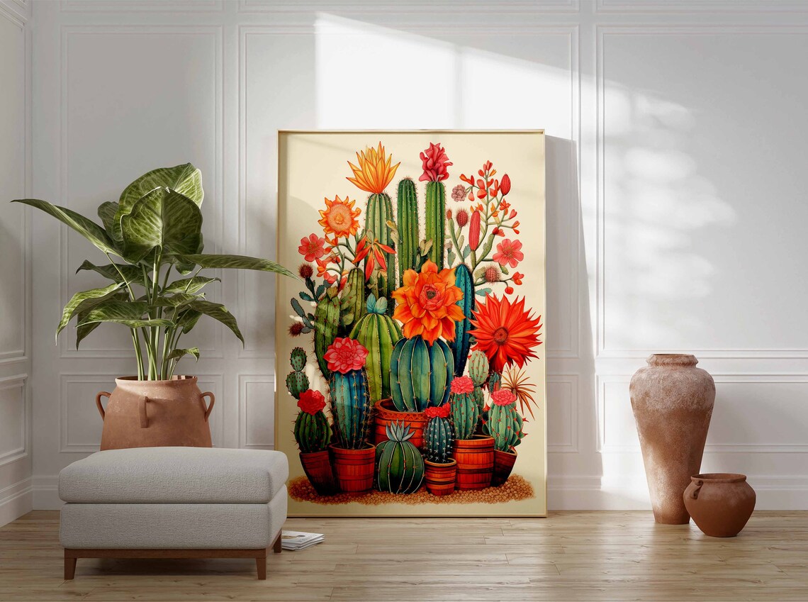 Potted Flowering Cacti in Terracotta Barrels Watercolor Poster - Image 3