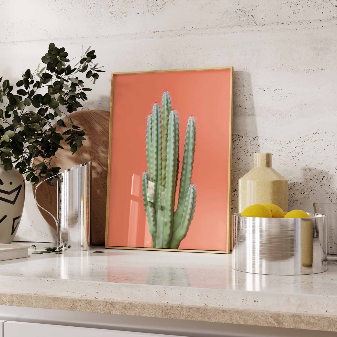 Tall Columnar Cactus Against a Bold Coral Orange Background Poster - Image 2