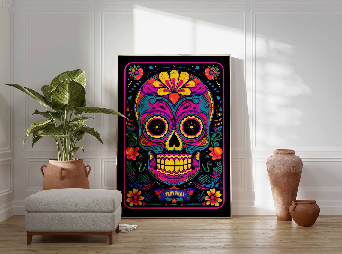 Vivid Purple Sugar Skull TERYVUAL Ribbon Poster Neon on Black - Image 3