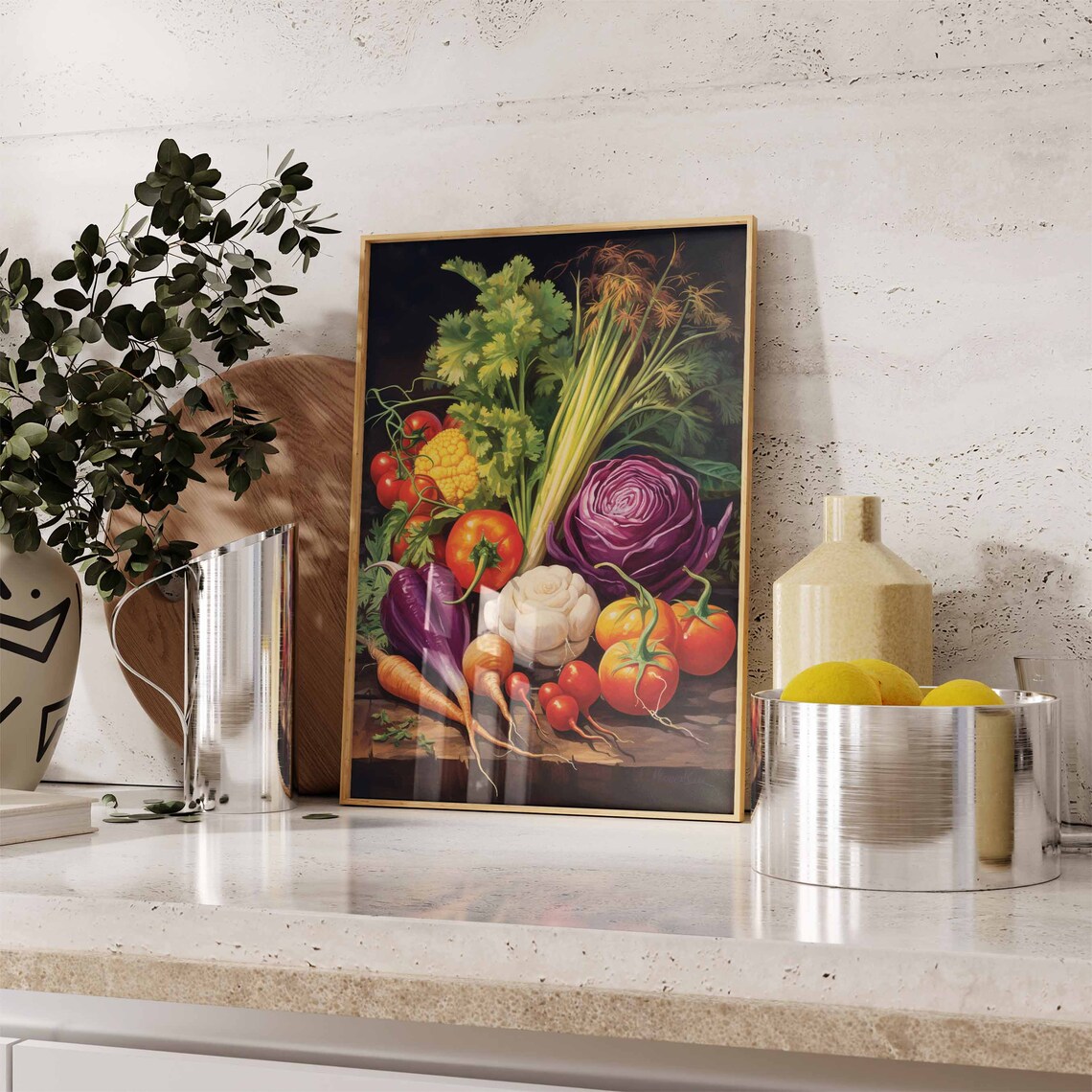 Moody Oil Painting Vegetable Still Life Tomatoes Cabbage Poster - Image 2