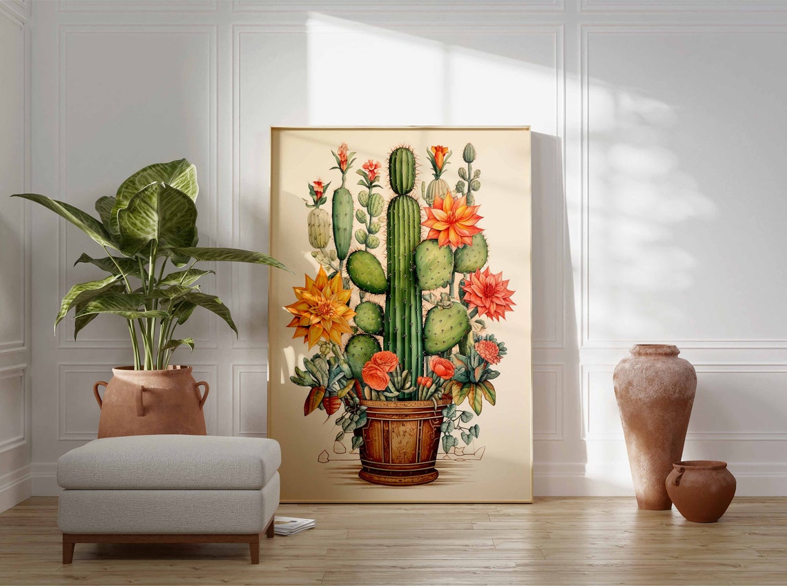 Tall Columnar Cactus in a Wooden Barrel Pot with Orange Blooms Poster - Image 3