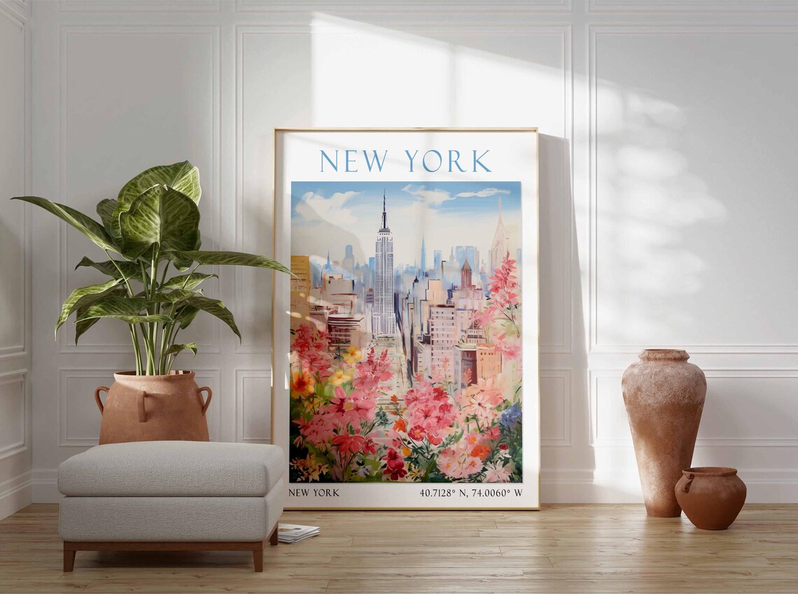 New York Empire State Building Pink Floral View Travel Poster - Image 3
