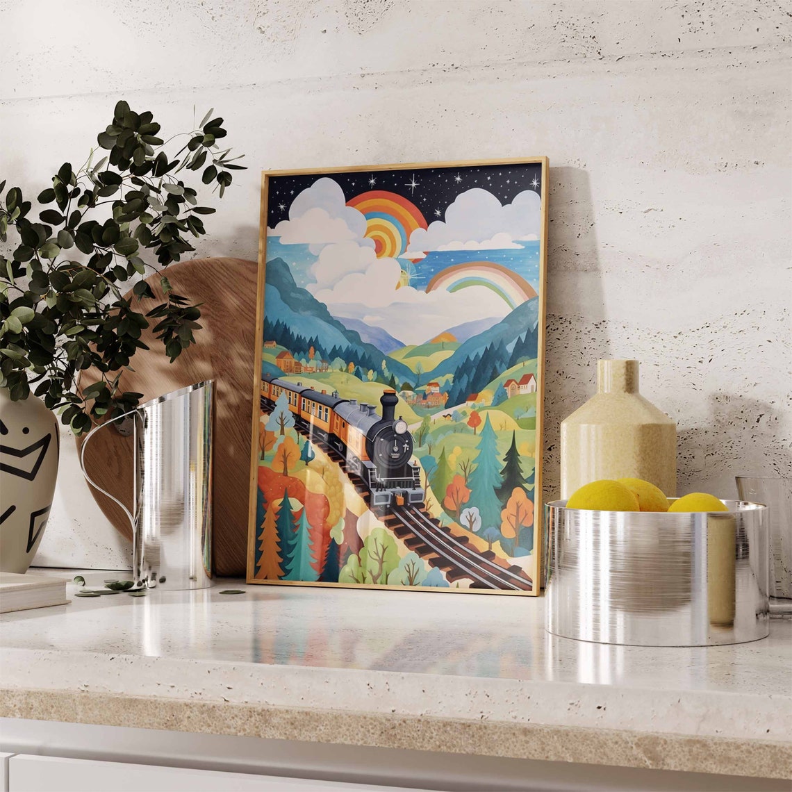 Steam Train Night Autumn Mountains Double Rainbow Starry Poster - Image 3