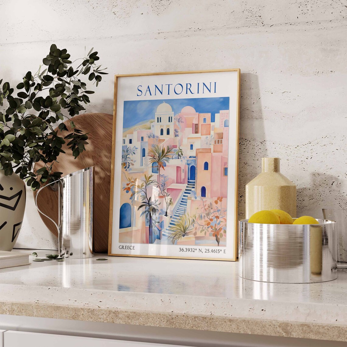 Santorini Pastel Hillside Village Blue Stairs Watercolor Travel Poster - Image 3