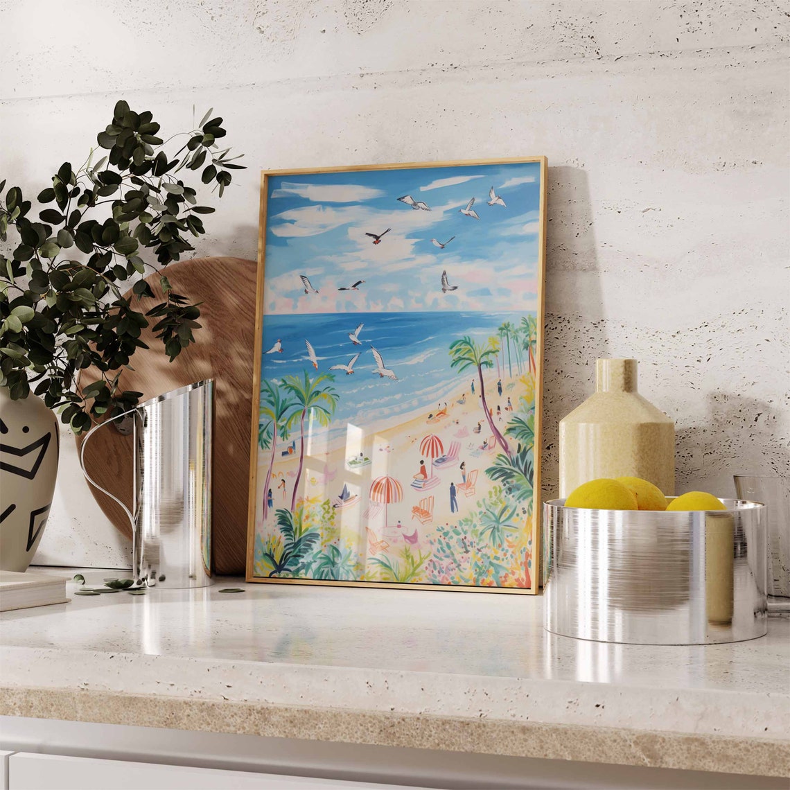 Beach Day Scene with Seagulls and Striped Beach Umbrellas Poster - Image 2