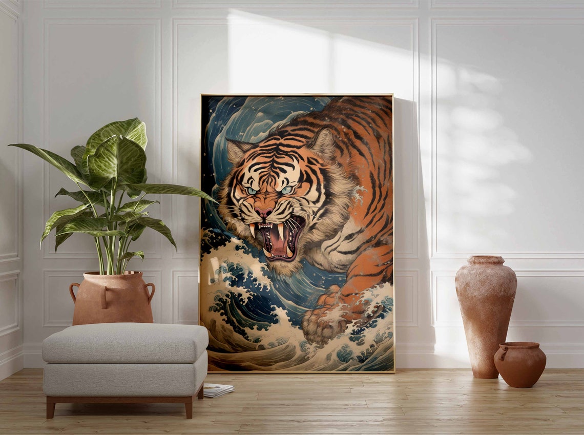 Roaring Tiger Great Wave Japanese Ukiyo-E Style Decor Poster - Image 2
