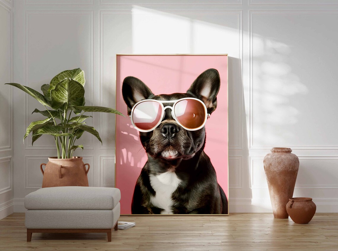 French Bulldog Wearing White Sunglasses on a Pink Background Poster - Image 3