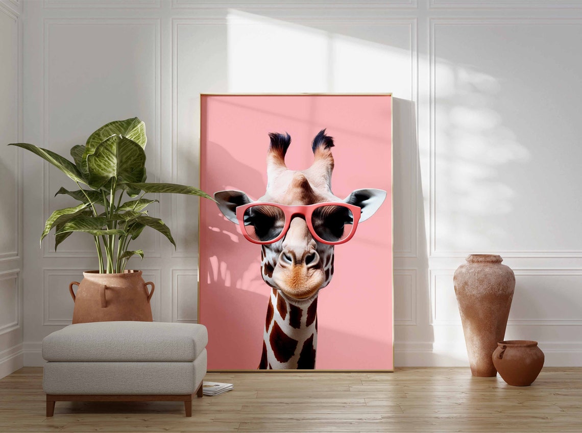Happy Giraffe Wearing Coral Sunglasses on Pink Backdrop Poster - Image 3
