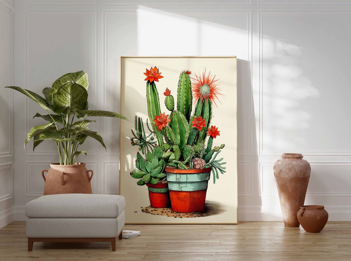 Red and Green Cacti in Two Terracotta Pots with Scarlet Blooms Poster - Image 3