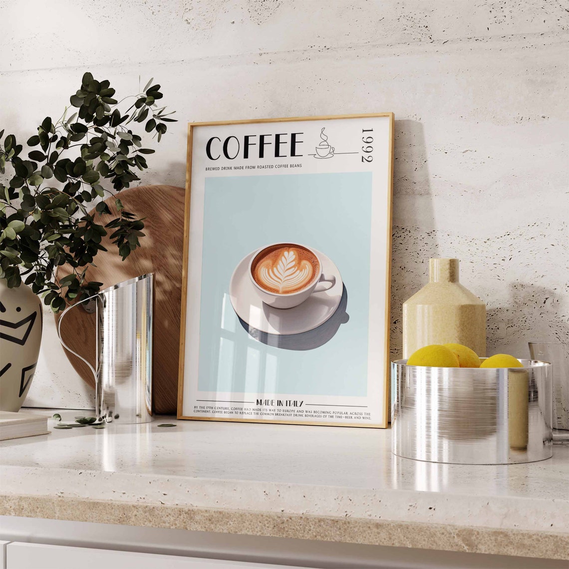 Retro Coffee 1992 Latte Art Leaf Cup Soft Mint Background Poster - Image 2